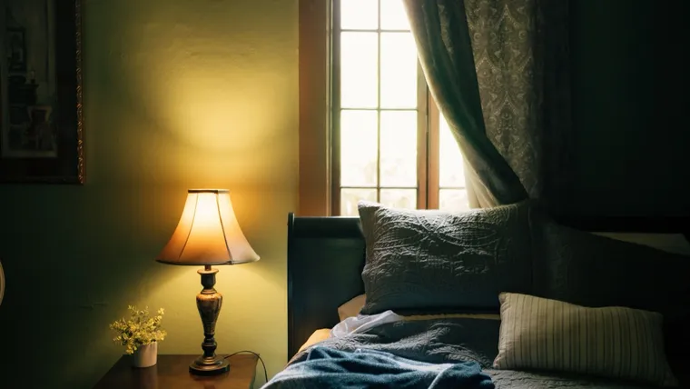 A bedside lamp glowing in a dim bedroom at night