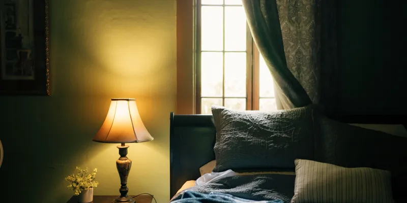 A bedside lamp glowing in a dim bedroom at night